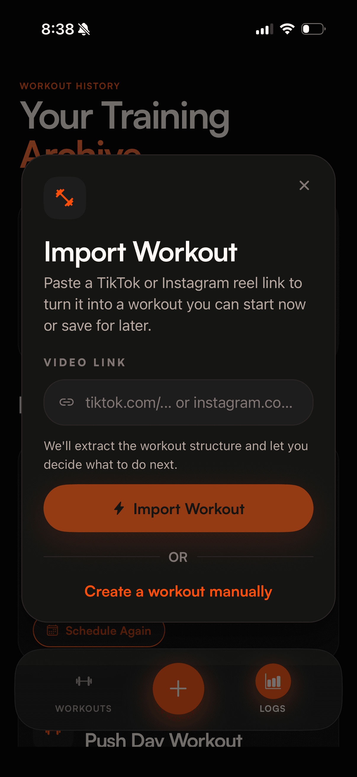 Import workout modal
