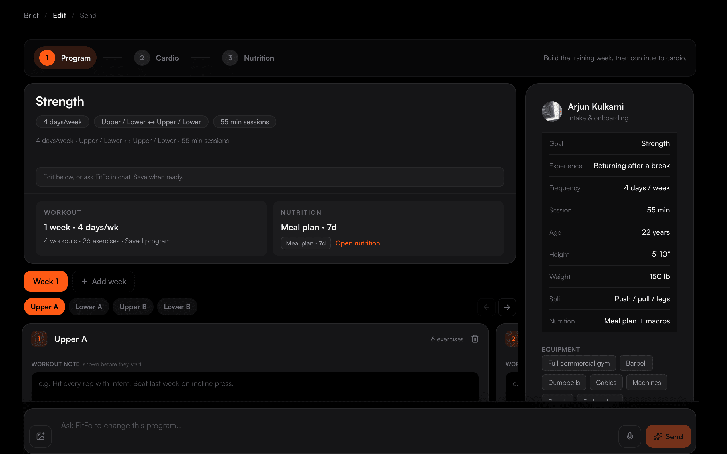 Program editor with workouts, cardio, and nutrition steps