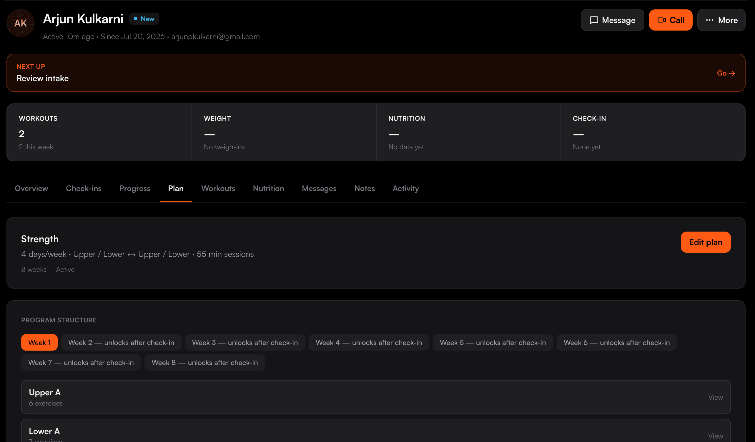 Client profile with plan, check-ins, and call actions