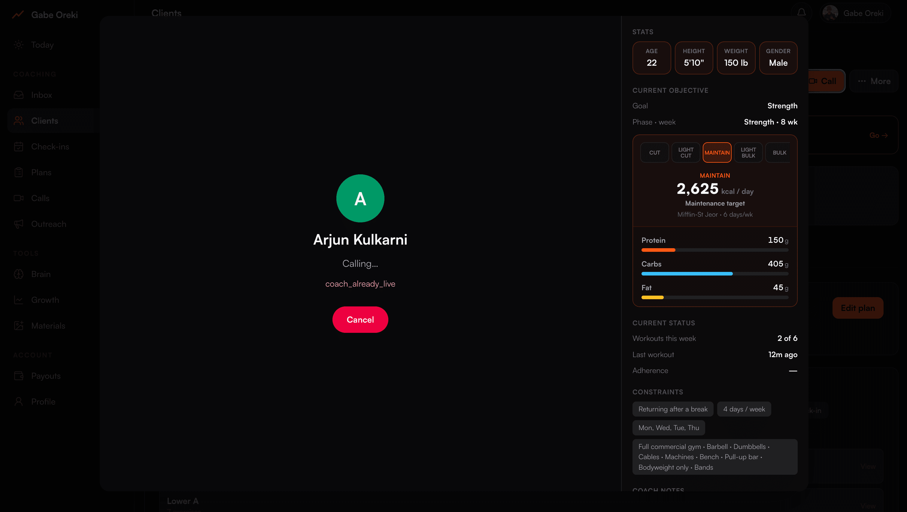 One-tap client call with live stats and nutrition targets