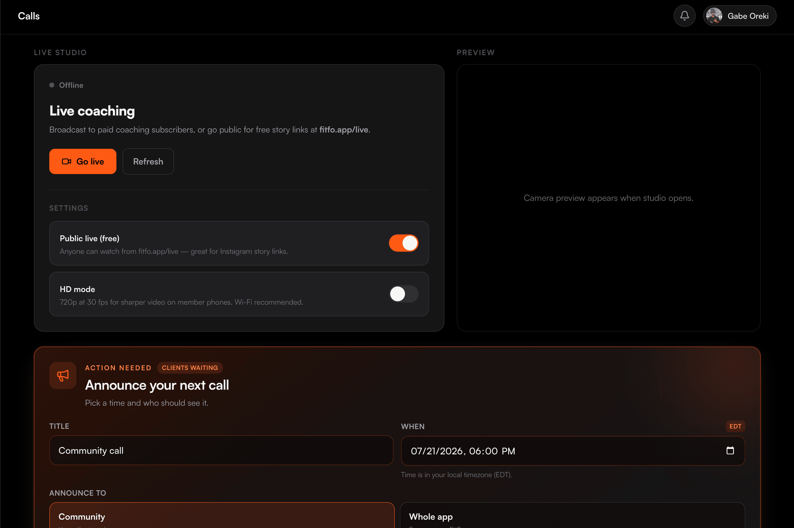 Live studio to go live with your coaching community